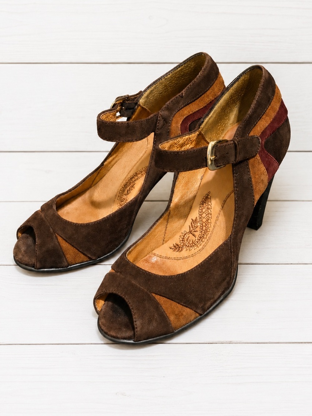 Sofft Brown Multicolor Suede Peep-Toe Mary Jane Heels | EUC | 7.5
